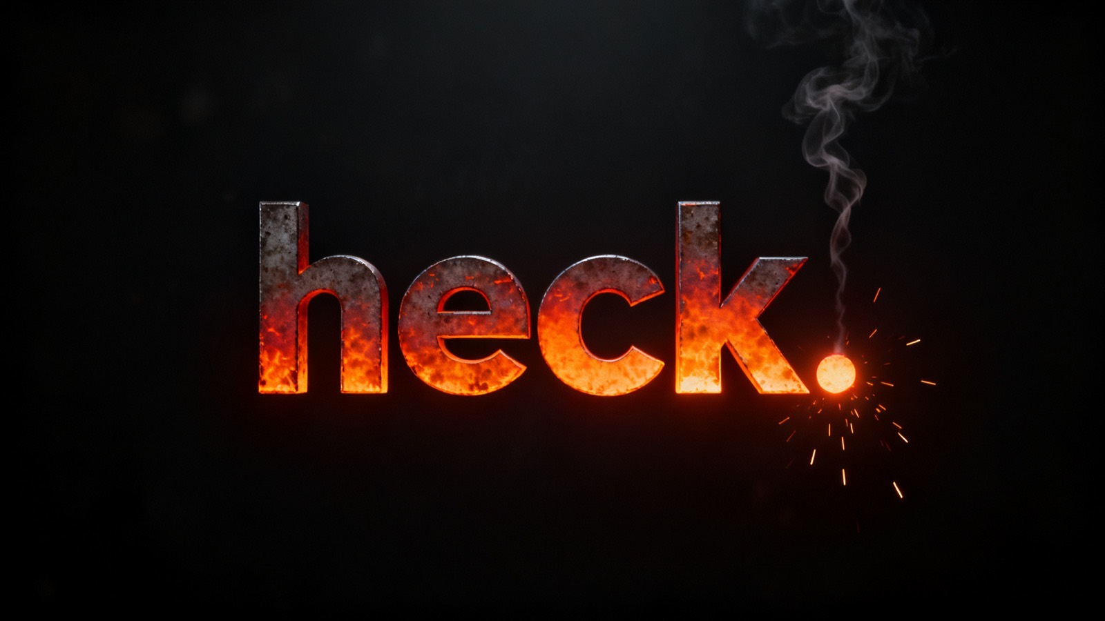 The heck. studio wordmark forged in molten metal with a lit-fuse ember period